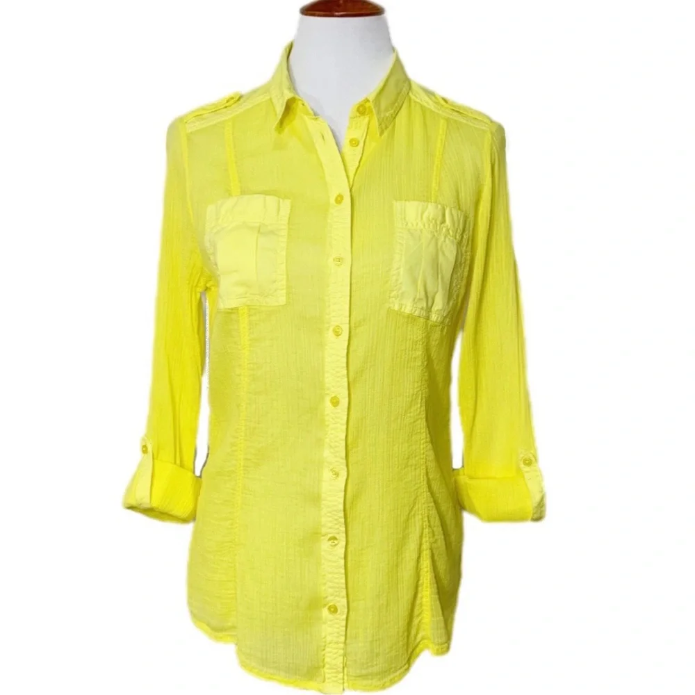 SOLD-Anthropologie Crinkle Roll Sleeve Bright Yellow Buttondown Top - Picture 1 of 9